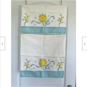 Hand Embroidered Pillowcases Yellow & Blue Flower & Bird Set of 2 Vintage 18x34